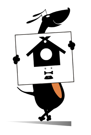 Every dog needs home and food. Smiling dog holding a banner with kennel and dog bowl inのイラスト素材