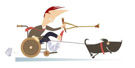 Comic man with bandage on the broken leg sitting in the wheelchair and points a dog, hauling him by rope, there to go using a crutchのイラスト素材