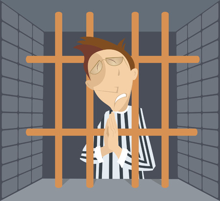 Man in jail cartoon. Crying prisoner behind the bars praying for forgivenessのイラスト素材