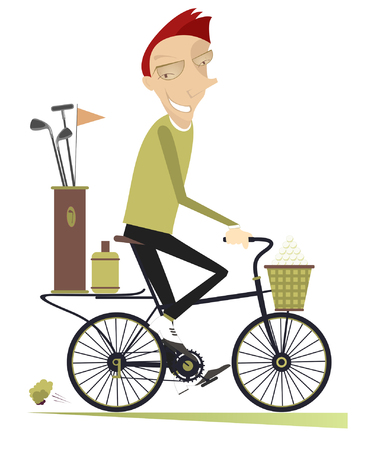 Smiling man rides the bike and goes to play golf isolatedのイラスト素材