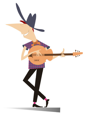 Funny young man playing guitar isolated.  Funny man in the cowboy hat is playing guitarのイラスト素材