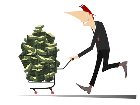 Successful business. Successful businessman is pushing a trolley full of money isolatedのイラスト素材