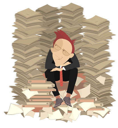 Too much documents and businessman illustration. Pensive businessman surrounded by piles of documents.のイラスト素材