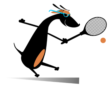Dog playing tennis isolated. Cartoon dachshund a tennis playerのイラスト素材