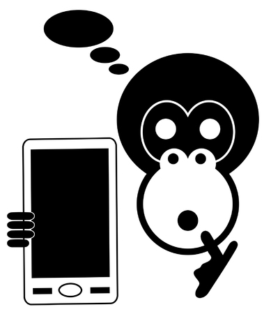 Monkey with smart phone isolated. Head of the monkey with smart phone thinks how to use itのイラスト素材