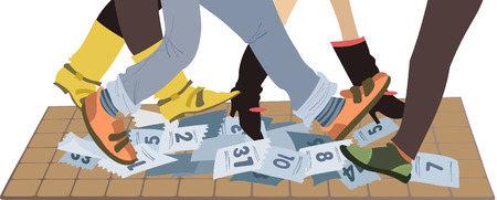 Legs of the people and calendar sheets lying on the pave stone. Legs of the people trample down calendar sheets lying on the pave stoneのイラスト素材