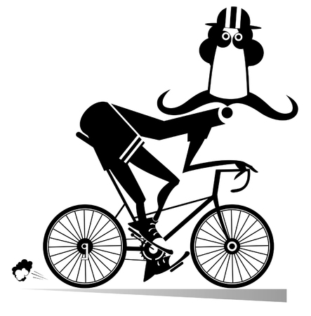 Cartoon long mustache man rides a bike black on white isolated illustration. Funny long mustache man in helmet rides a bike black on white silhouette illustrationのイラスト素材