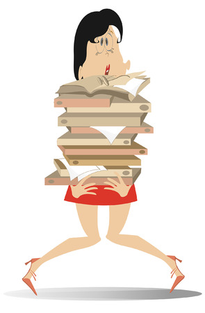 Young woman hardly holds a lot of books or documents illustration isolated.  Puzzled young woman holds a lot of books or documents she has to read and learn isolated on white illustrationのイラスト素材