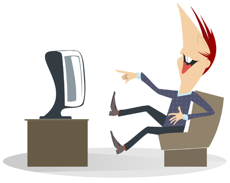 Young man sitting in the armchair points a finger to the TV, puts hand on stomach and laughs about something isolated on white illustrationのイラスト素材