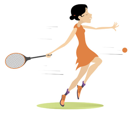 Young woman playing tennis isolated illustration. Woman with a tennis racket beats a ball isolated on whiteのイラスト素材