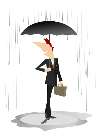 Smiling man or businessman with an umbrella and a bag stays under the rain isolated on white illustrationのイラスト素材