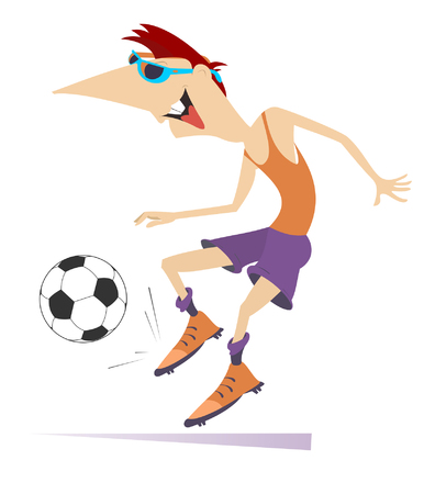 Smiling young man playing football isolated illustration. Cartoon laughing football player kicks a ball isolated on white illustrationのイラスト素材