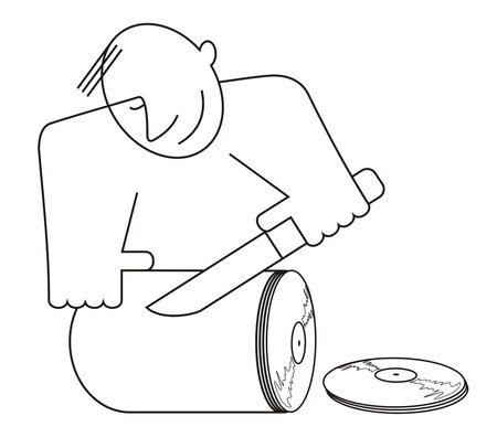 Smiling man reproduces music on vinyl records concept illustration in line style. Smiling man cuts music to vinyl records concept illustration in line style black on white isolatedのイラスト素材