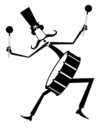 Funny mustache drummer isolated illustration. Mustache man in the top hat beats a big drum using drumsticks in both hands black on white illustrationのイラスト素材
