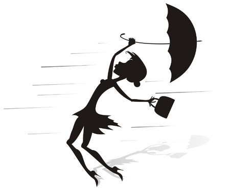 Windy day and woman with umbrella silhouette illustration. Young woman tries to hold an umbrella and a fancy bag gone with the strong wind silhouette black on white illustrationのイラスト素材