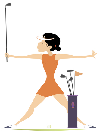 Smiling woman with golf clubs on the golf course illustrationのイラスト素材