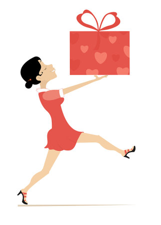 Young woman holding a big present box with ribbon. 
Smiling young woman celebrating birthday or important event. Isolated on white backgroundのイラスト素材