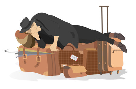 Tired man lying on the bags illustration.
Tired traveler in the hat is on the luggage and sleeps waiting for flight, passage, train or bus. Isolated on white backgroundのイラスト素材