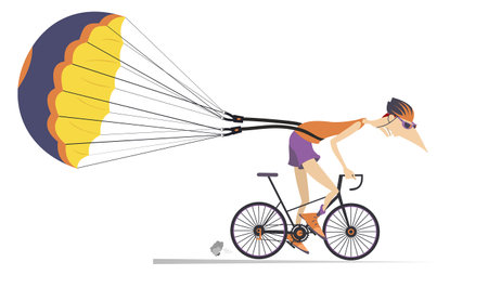 Hard training cyclist. 
Cartoon cycling man in helmet and sunglasses drags a parachute. On white backgroundのイラスト素材