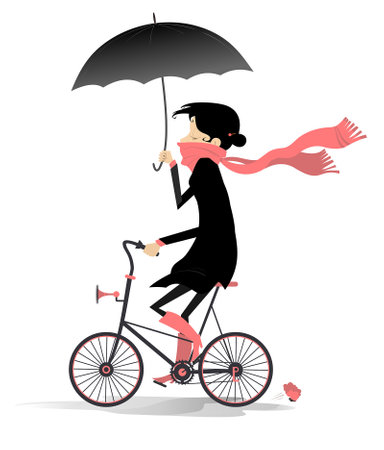 Rainy and windy day and woman rides a bike. Illustration. Young woman with an umbrella rides a bike under the strong wind and rain. Isolated on white backgroundのイラスト素材