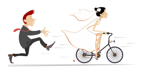 Married wedding couple. Bride rides away from the bridegroom on the bicycle.
Upset bridegroom trying to catch up a runaway on the bicycle bride. Isolated on white background illustのイラスト素材