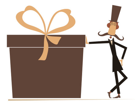 Mustache man in the top hat with and huge present box with ribbon. 
Long mustache gentleman in the top hat celebrating birthday or important event. Isolated on white backgroundのイラスト素材