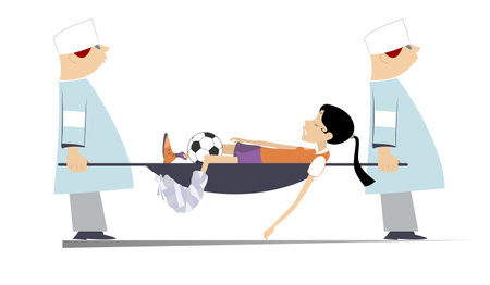Injured football player woman, two physicians with a stretcher. 
Two physicians carry injured football player woman with bandage on the leg in a stretcher. Isolated on whiteのイラスト素材