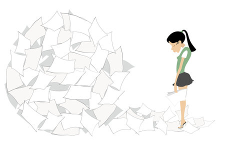 Businesswoman with hands down standing in front of pile of papers. 
Stressed and frustrated overworked businesswoman standing in front of huge pile of papers. Business conceptのイラスト素材