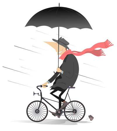 Rainy and windy day and man rides a bike. Illustration. Young man with an umbrella rides a bike under the strong wind and rain. Isolated on white backgroundのイラスト素材