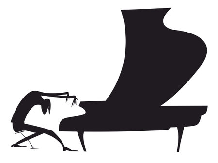 Pianist stylized illustration. 
Musician playing piano with inspiration. Black silhouette on white backgroundのイラスト素材