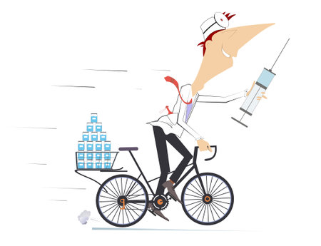 Smiling doctor rides a bike. Syringe and medicines. 
Cycling funny doctor with a big syringe and bottles with medicines and vaccine. Isolated on white backgroundのイラスト素材