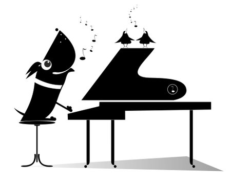 Cartoon dog playing piano and singing.
Comic dog playing piano and birdsong. Black on white backgroundのイラスト素材