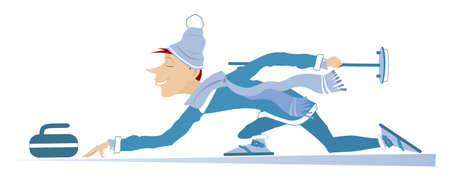 Smiling young man plays curling. 
Winter sport. Curling. Young man with curling brush pushes a stone...