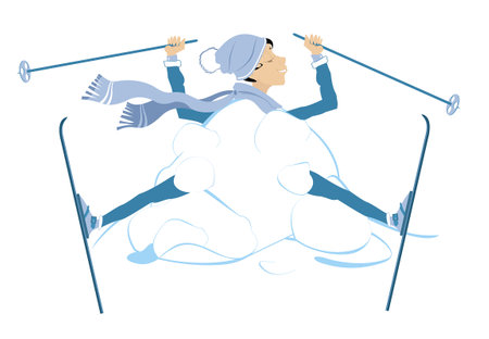 Young skier woman and a big snowdrift illustration. 
Skiing young woman. Skier woman appears from the big snowdrift. Isolated on white backgroundのイラスト素材