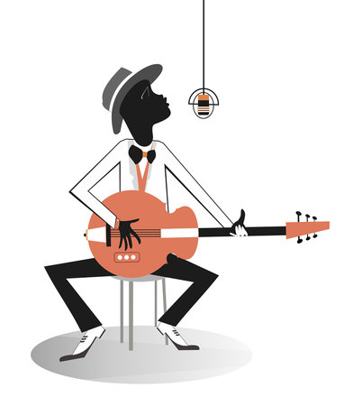 African singing guitar player illustration. 
African musician playing guitar and singing. Isolated on white backgroundのイラスト素材