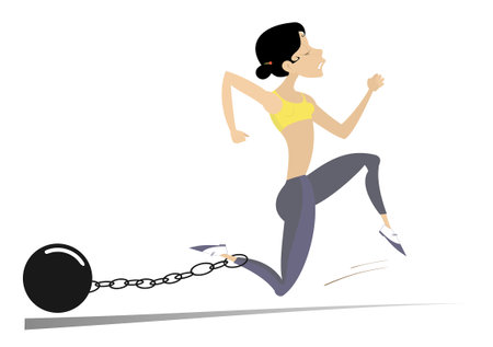 Hard training runner woman. 
Cartoon running woman with a heavy connected by the chain with his leg. Isolated on white backgroundのイラスト素材