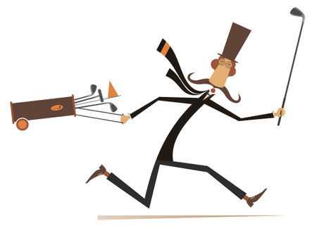 Cartoon man in the top hat running to play golf. Running long mustache gentleman in the top hat with a golf club and golf bag. Isolated on white backgroundのイラスト素材