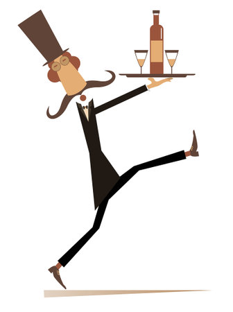 Comic man carries a tray with a bottle and two glasses. Cartoon long mustache man in the top hat carries a tray with alcohol drink and drinking glasses. Isolated on white backgrounのイラスト素材