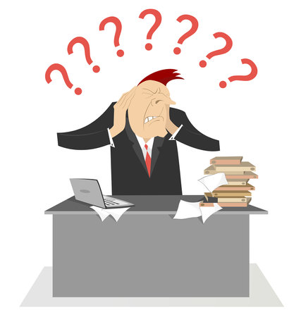 Tied businessman and question marks concept illustration. Tied or upset man sitting by the table puts hands on the head surrounded by question marksのイラスト素材