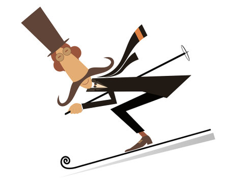 Cartoon mustache man in the top hat a skier illustration. Long mustache gentleman in the top hat downhill skier isolated on whiteのイラスト素材