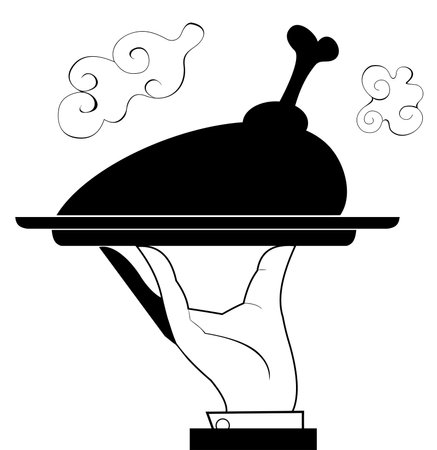 <p>Hand of the waiter holding a tray with fried meat, duck or chicken leg. Black and white</p>のイラスト素材