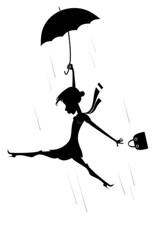 Windy day and woman flies with umbrella illustration. Woman with an umbrella gone with the wind silhouette black on whiteのイラスト素材