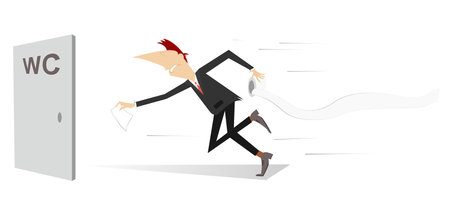 <p>Man with diarrhea rushing to the toilet illustration. Man with diarrhea holds a tissue roll running towards the door with sign WC isolated on white</p>のイラスト素材