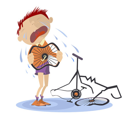 <p>Crying cyclist and a broken bike. Crying cyclist standing near a broken bike with a wheel in the hands. Isolated on white illustration</p>のイラスト素材