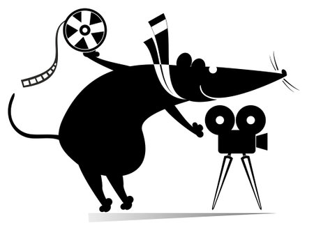 <p>Cartoon rat or mouse, movie projector, tape illustration. Funny rat or mouse stands near the movie projector and holds a tape black on white</p>のイラスト素材