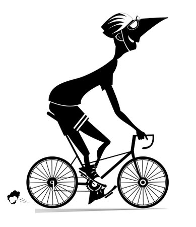 <p>Smiling young man in helmet and sunglasses rides a bike. Black and white</p>のイラスト素材