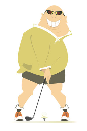 <p>Cartoon golfer man on the golf course illustration. Smiling fat bald-headed golfer in sunglasses with a golf club trying to do a good shot from the stand. Isolated on white background</p>のイラスト素材