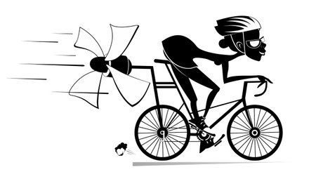 <p>Cartoon woman rides a bike illustration. Young woman in helmet on the bike tries to ride faster using a propeller black on white background</p>のイラスト素材