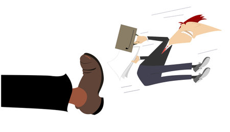 <p>Leg in boot kicks a man to the buttocks illustration. Man with a bag and papers is been given a kick to the buttocks by big leg isolated on white</p>のイラスト素材