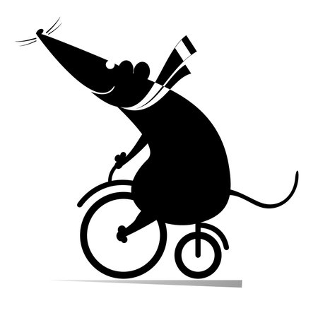 Cartoon rat or mouse rides on the bike illustration. Funny rat or mouse rides on the bike black on whiteのイラスト素材